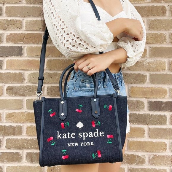 Kate Spade Embroidered Tote Crossbody Denim Blue Multi - Picture 4 of 4